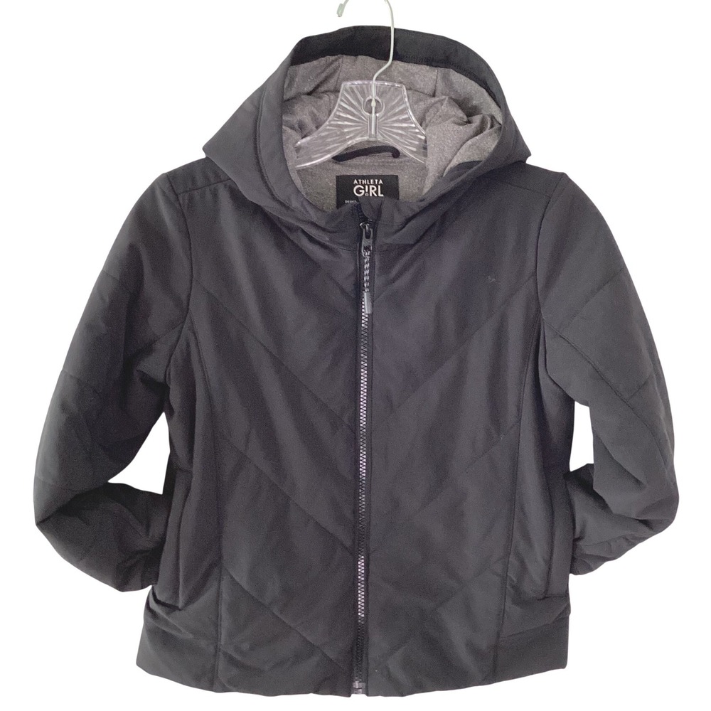 Athleta Girls‎ Jacket Jump To It Black Quilted Hooded Puffer Coat - Small 7